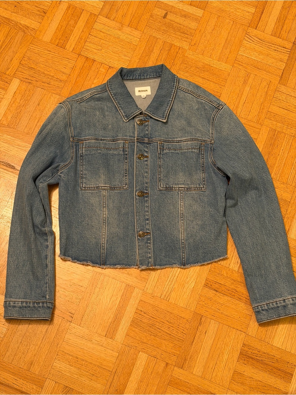 Hudson Jeans Cropped Blue Denim Jacket with Raw Hem